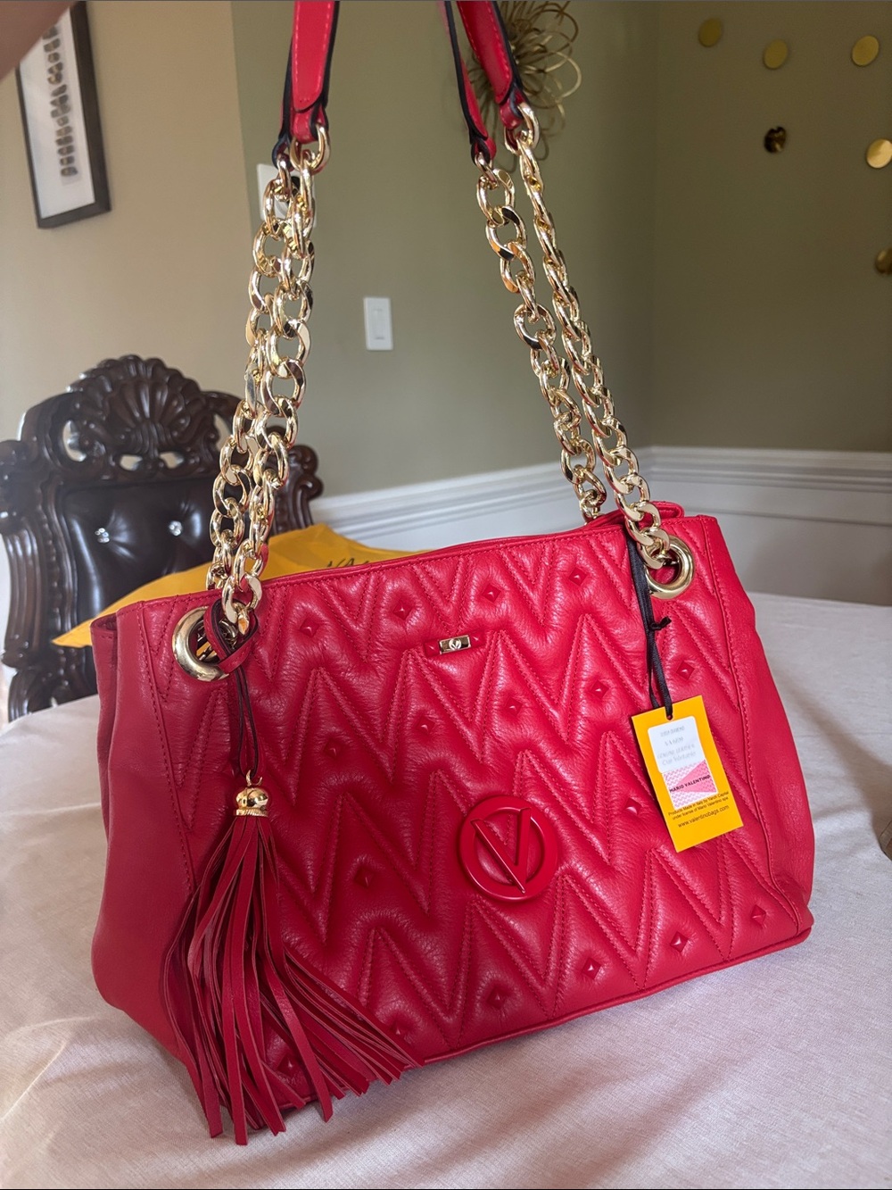 Valentino By Mario Valentino Red Quilted Shoulder Bag with Tassel and Gold Chain
